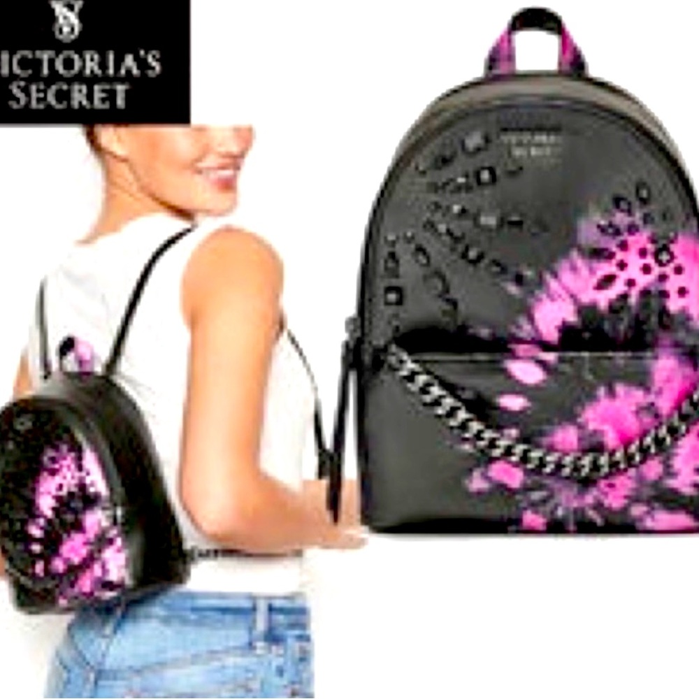 Victoria’s Secret 🖤Black & Pink💗 Tie-Dye Studded Small Backpack, NWT!